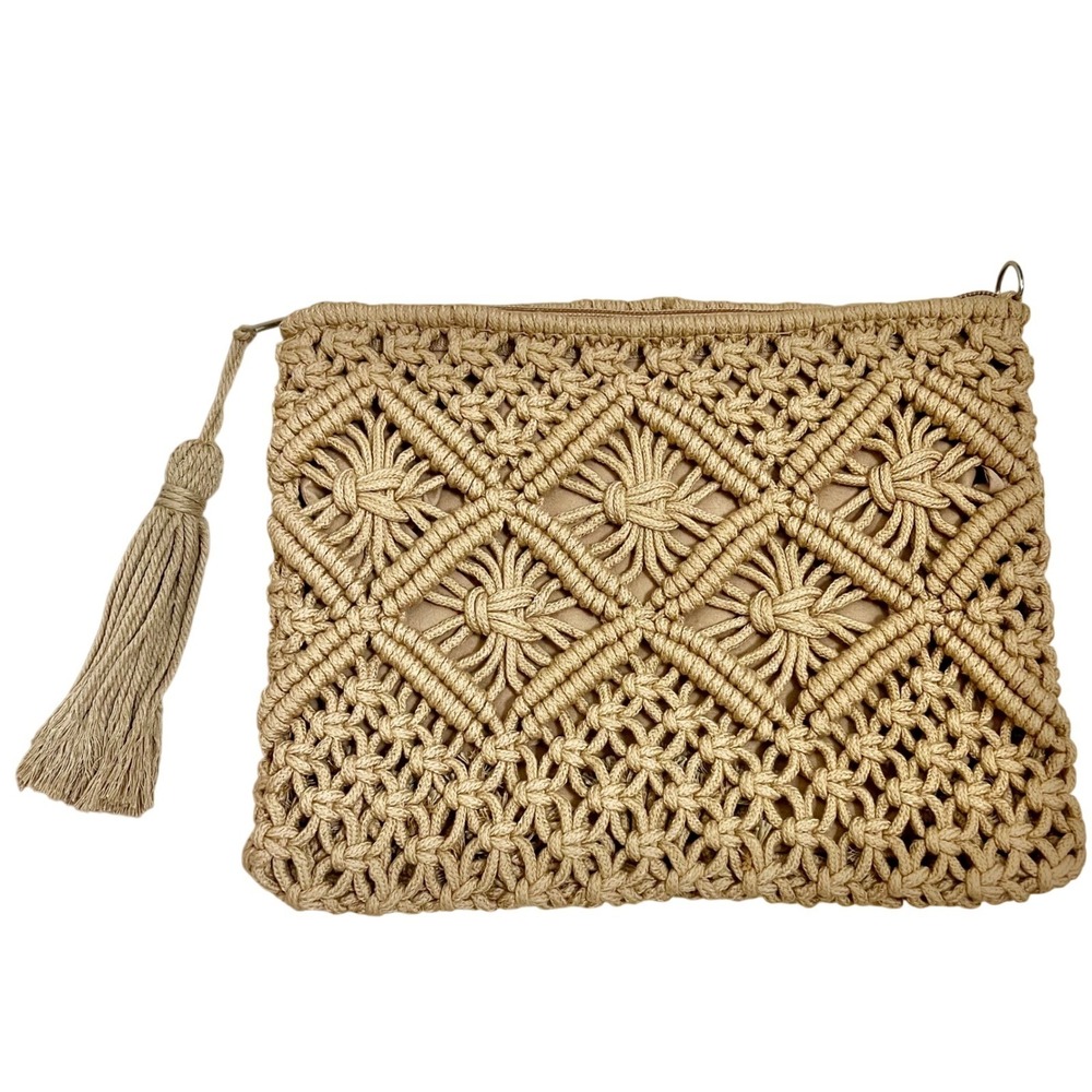 Boho Macrame Tassel Clutch Bag Tan Geometric Woven Zipper Pouch Summer Festival